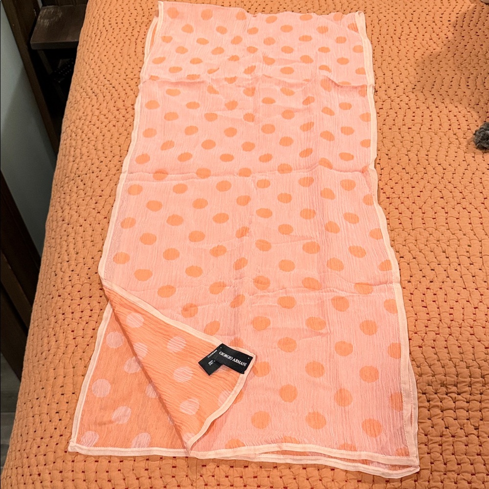 Giorgio Armani Peach and Pale Pink Polka Dot 100% Chiffon Silk Scarf 68L x 15.5W